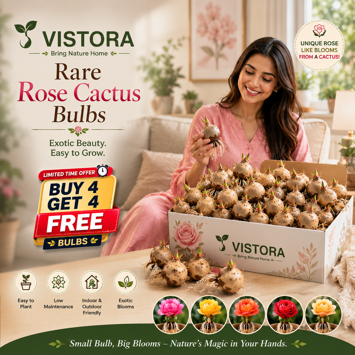 🌵🌹 Wait… Are Those Roses Growing on a Cactus? – Rare Rose Bloom Cactus• Easy-Care •perpetual bloom🌹Buy 4 Get 4 Free Bulbs🌹100gm Soil Free🌹