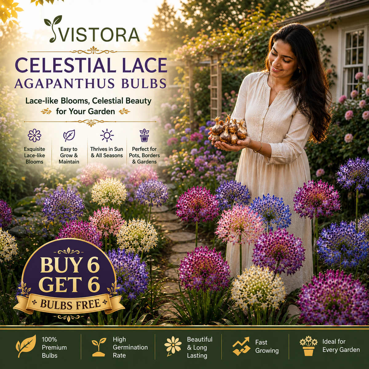 🏠🌸 Celestial Lace Agapanthus Bulbs 🌿 Elegant Blooms, Easy to Grow 🌸Buy 6 Get 6 Free Bulbs🌸