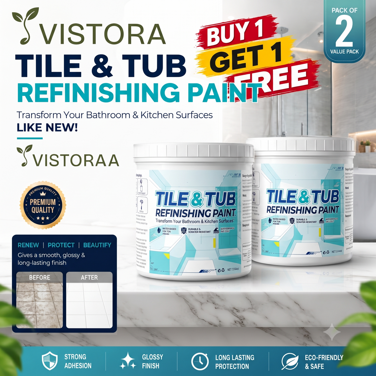 Premium Tile & Tub Refinishing Paint Kit (Buy 1 Get 1 Free) + Free Brush 🔥